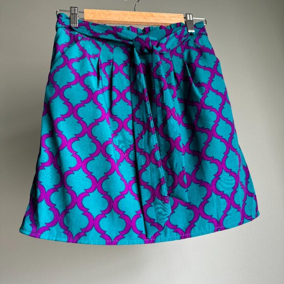 Purple & Teal Geometric Print Mini Skirt Tie Waist - Picture 1 of 15